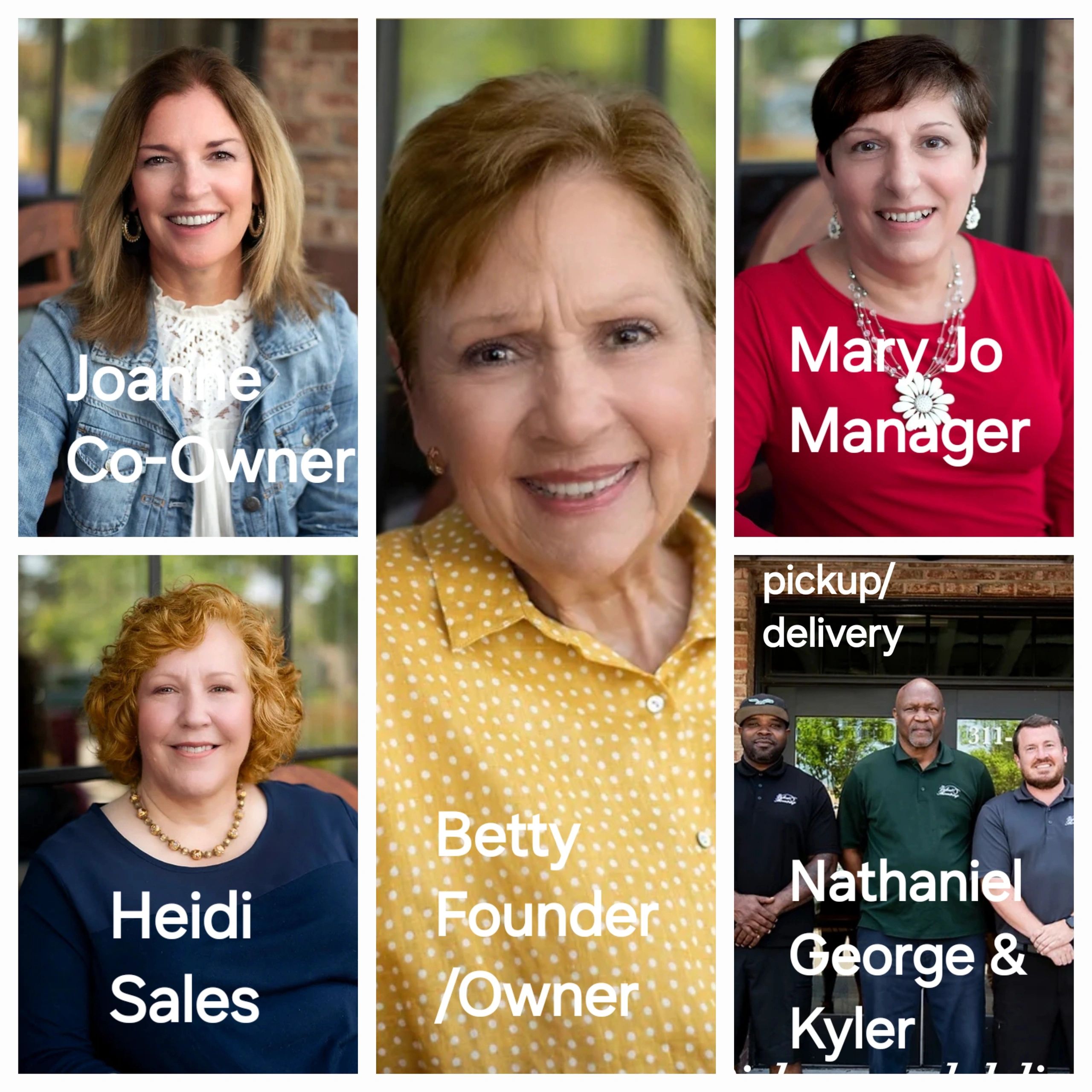 The Velvet Shoestring team: Betty (Founder/Owner), Joanne (Co-Owner), Mary Jo (Manager), Heidi (Sales), and delivery crew